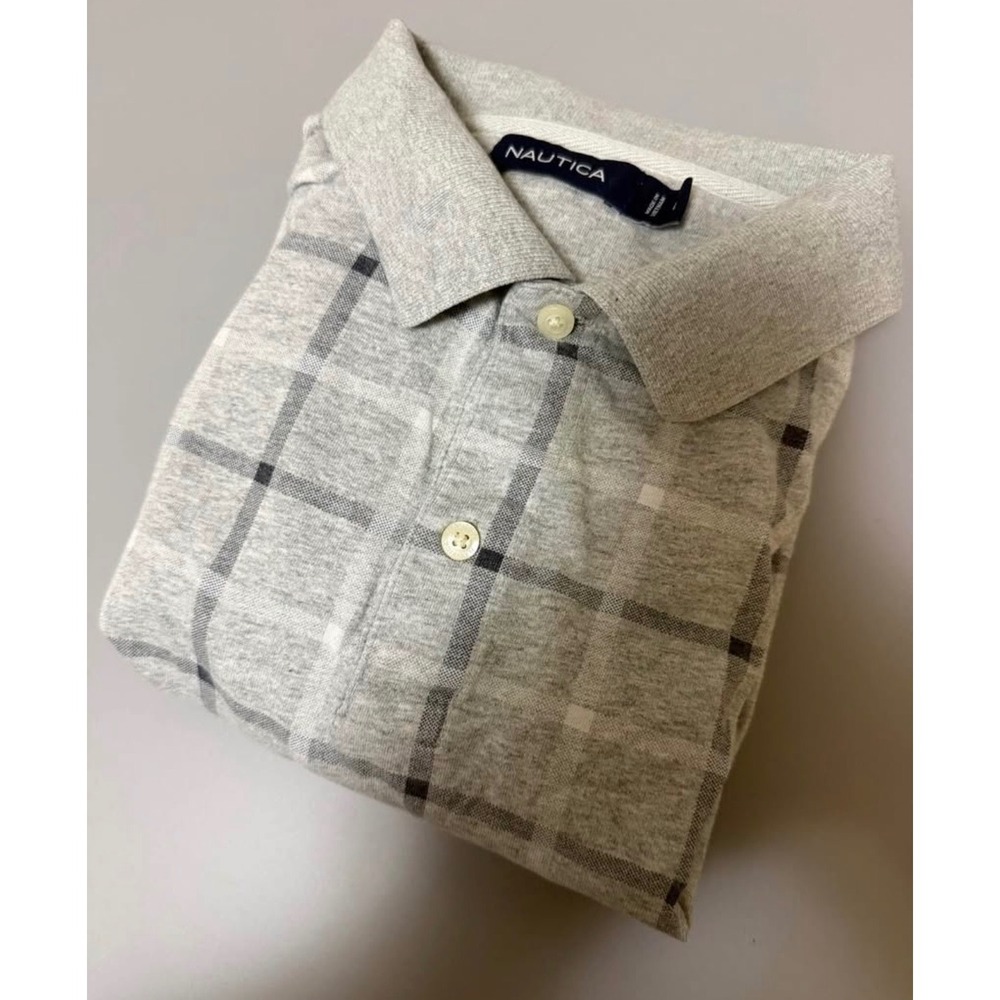 Nautica Kids Grey Plaid Short Sleeve Polo Shirt Size L Large Windowpane